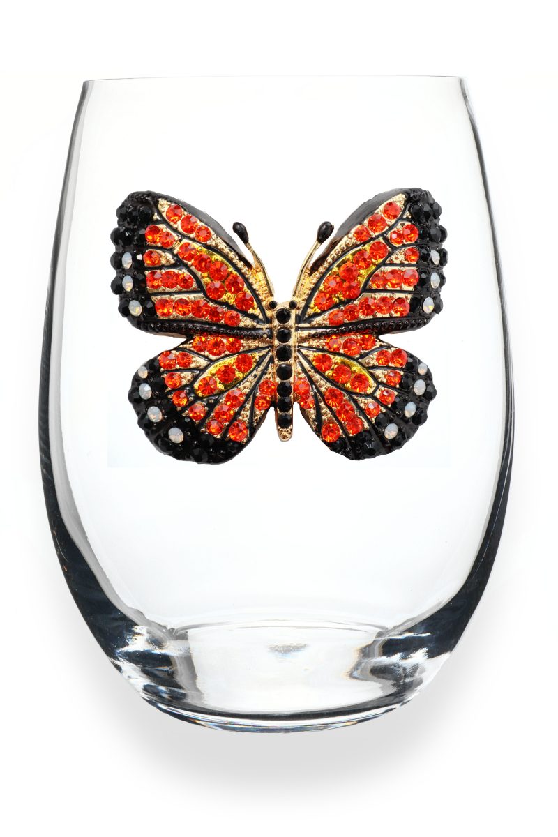 Monarch Butterly Jeweled Stemless Wine Glass