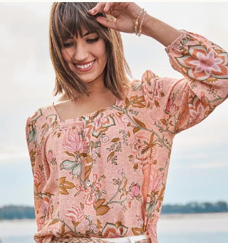 Joslynn Square Neck Blouse Calm Waters Floral Chintz