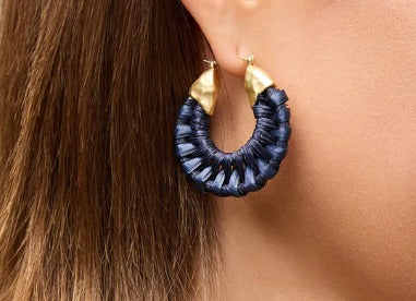 Wicker Hoop Earrings Dark Blue
