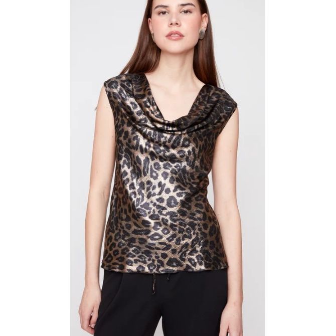 Leopard Foil Draped Neck Top Black Combo
