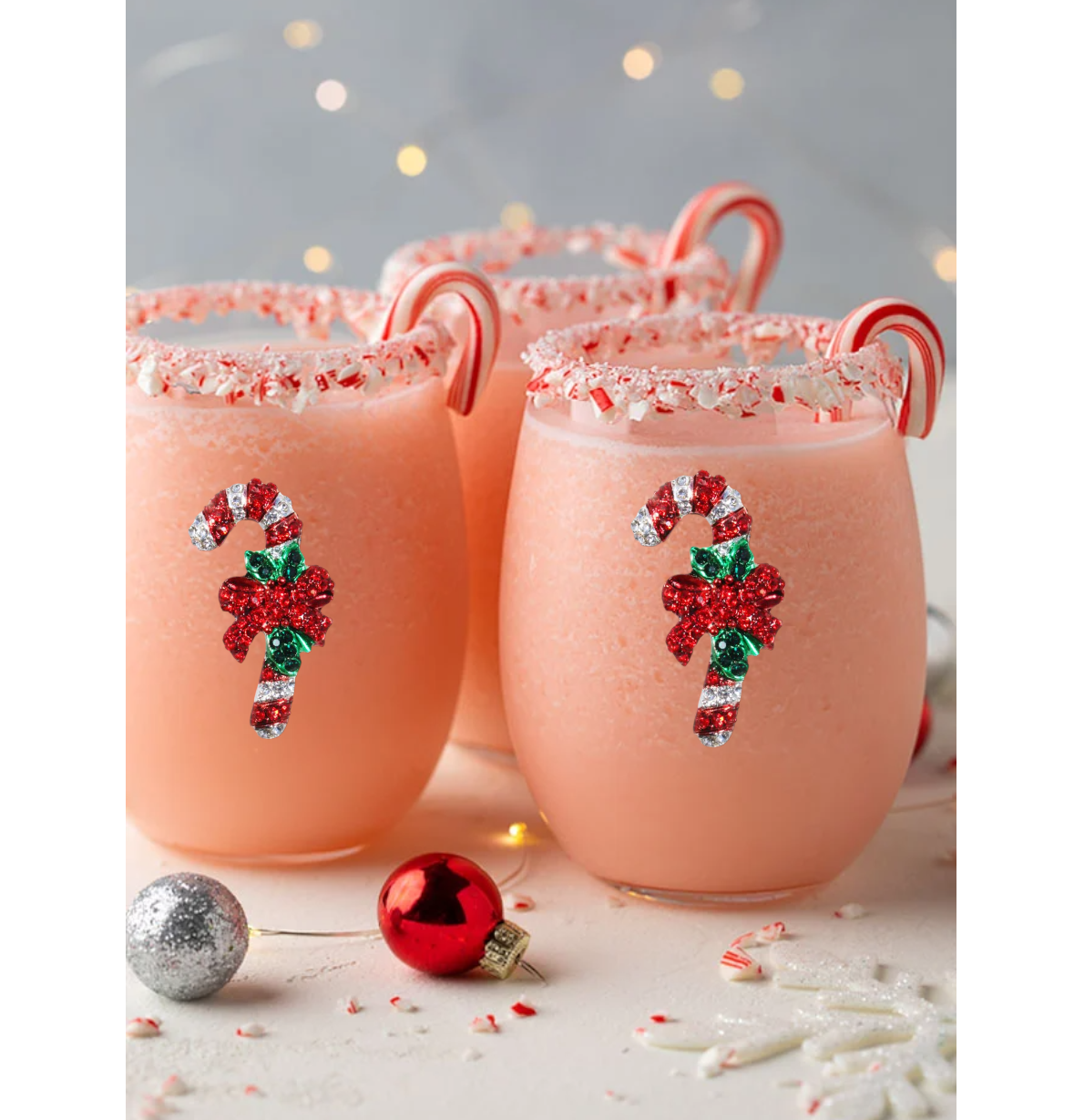 Candy Cane Christmas Holiday Jeweled Stemless Wine Glass
