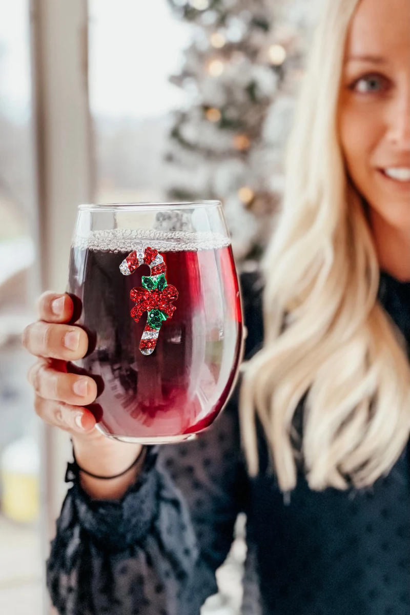Candy Cane Christmas Holiday Jeweled Stemless Wine Glass