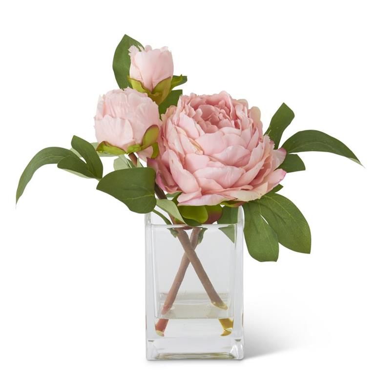 Pink Peony Premade in Square Glass Pot w/Faux Water