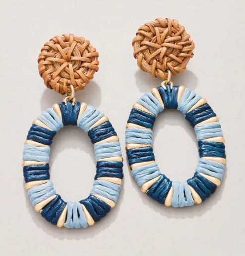 Straw Oval  Earrings Blue