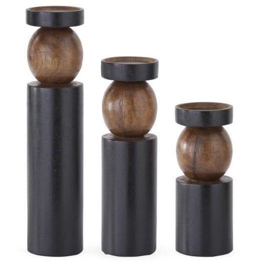 Set of 3 Black & Brown Ball Candleholders