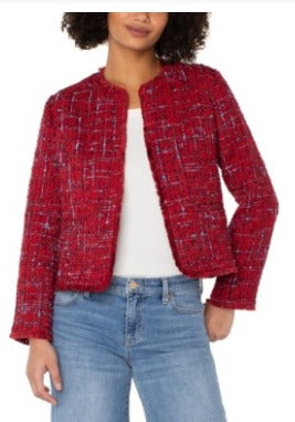 red collarless jacket w/ frayed edges