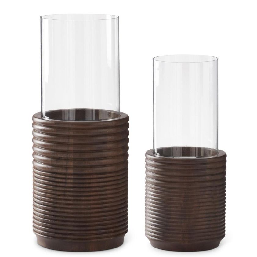 Dark Ribbed Wood w/Glass Hurricane Candleholder