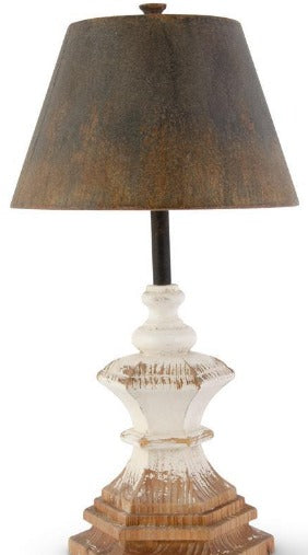 Distressed White Carved Wood Lamp w/Metal Shade