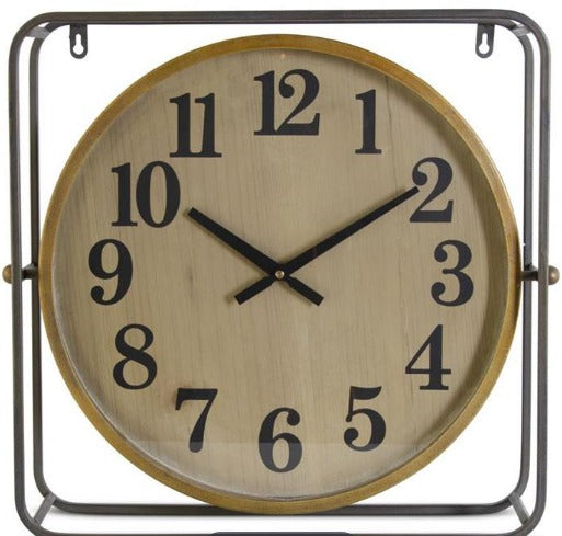 Black Metal Framed Round Wall Clock w/Woodgrain Face