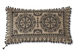 Rectangular Black & Cream Embroidered Mandala Pillow w/Pom Pom