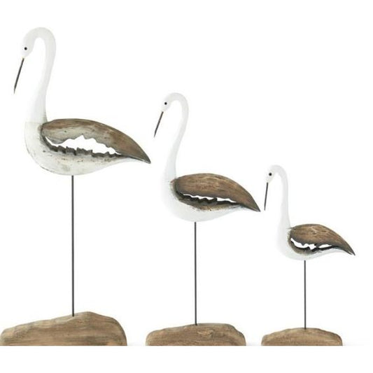 Set of 3 Whitewashed Paulownia Wood Shore Birds on Spindles
