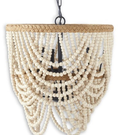 2-Tier Draped Cream Wood Bead Chandelier w/Jute Braided Rim