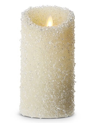 3" X 6" MOVING FLAME WHITE ICED PILLAR CANDLE