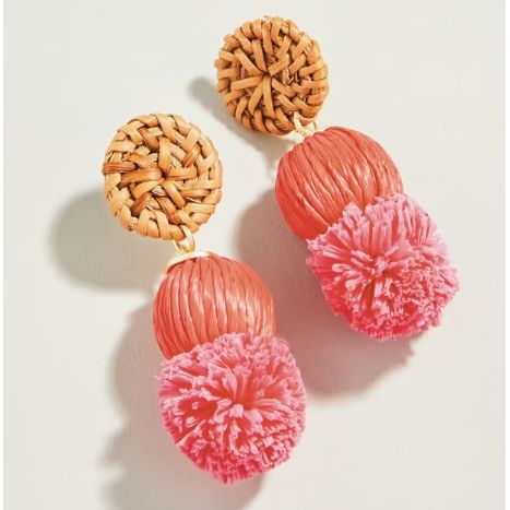Straw Pom Earrings Red