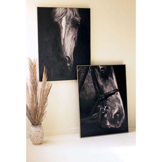 Framed Black and White Side View Horse Painting