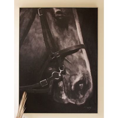 Framed Black and White Side View Horse Painting