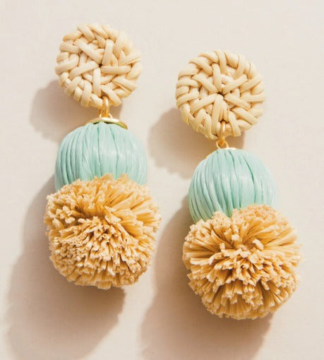 Straw Pom Earrings Sea Foam
