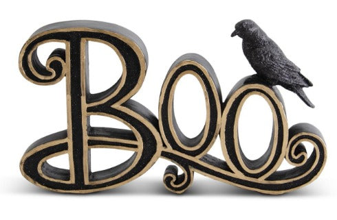BLACK & GOLD RESIN BOO CUTOUT W/1 GLITTERED CROW