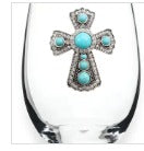 Turquoise Cross Jeweled Stemless Wine Glass