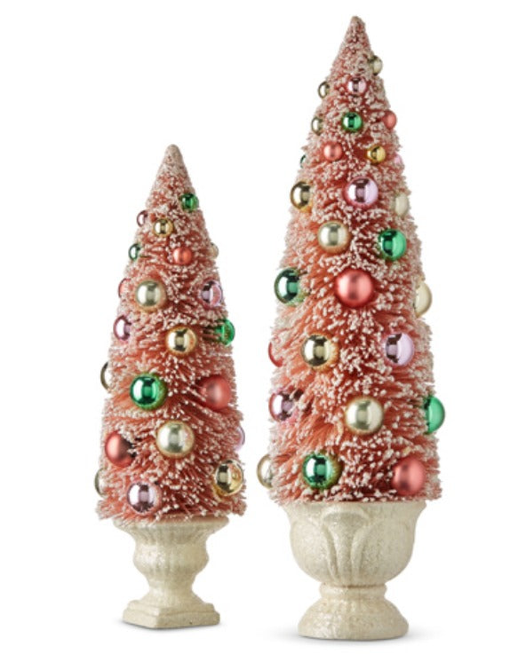 Pink Bottle Brush Trees with Ornaments in a Urn