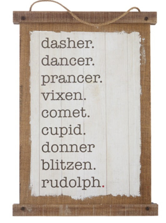 REINDEER NAMES PRINTED METAL BACKED BURLAP WALL ART
