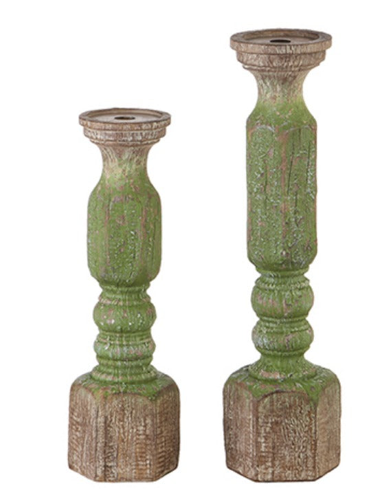 GREEN WOOD EMBOSSED CANDLE HOLDERS