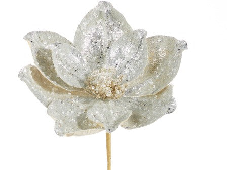 Beaded Metallic Silver Magnolia Stem