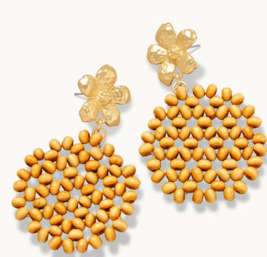 Wood Bead Flower Earrings Natural