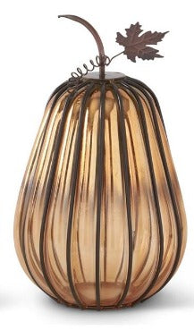 SMALL ORANGE GLASS PUMPKIN W/DARK METAL STEM