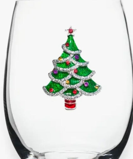 Christmas Tree Jeweled Stemless Wine Glass