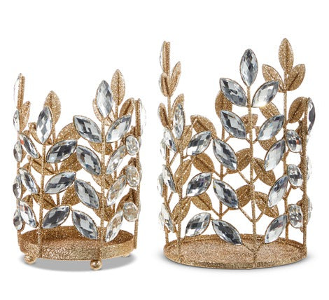 CRYSTAL JEWELED CANDLE HOLDERS WITH GOLD GLITTER