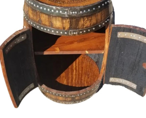 Half Bourbon or Wine Barrel Double Door Cabinet Shelf / 2 Shelves / LED Light with Remote