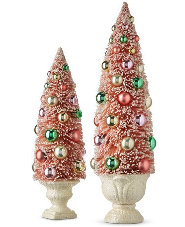 PINK BOTTLE BRUSH TREES WITH ORNAMENTS IN A URN