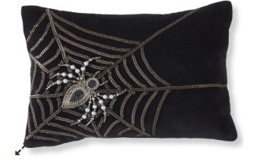 Black Velvet Pillow w/Chain Web & Beaded Spider