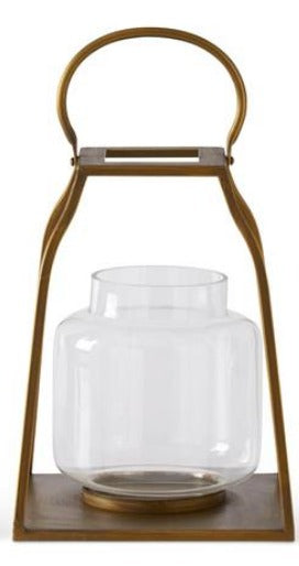GOLD METAL TRAPEZOID LANTERN W/GLASS HURRICANE