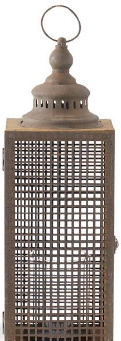 WOOD AND RUSTED METAL GRID LANTERN