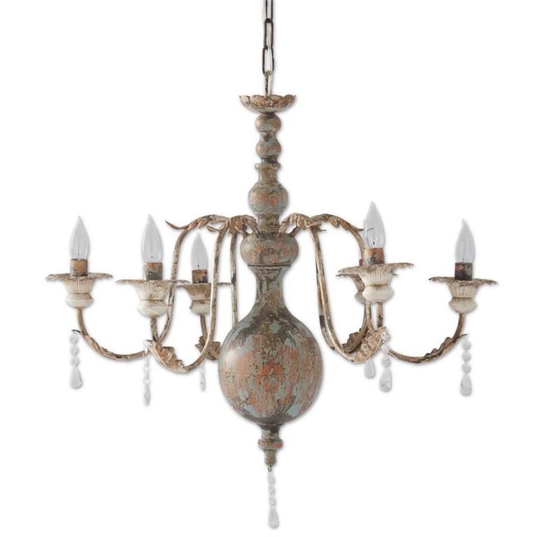 30" Distressed Whitewashed Gold Blue & Red Metal 6 Arm Chandelier