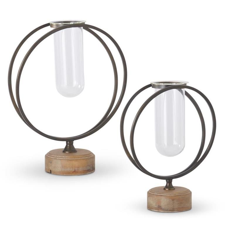 Glass Test Tube Vases in Round Metal Frame w/Wood Base