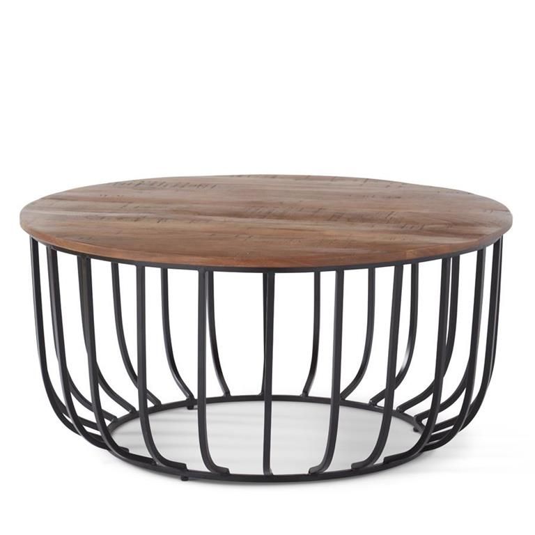 36" Black Metal Cage Side Table w/Wood Top