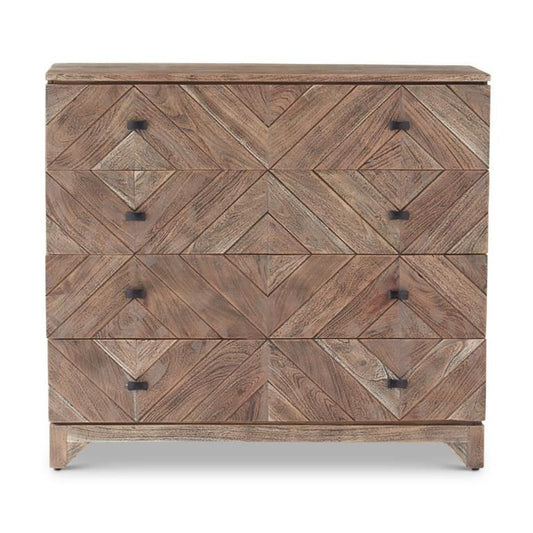 Gray Washed Diamond Carved 4 Drawer Dresser w/Black Handles