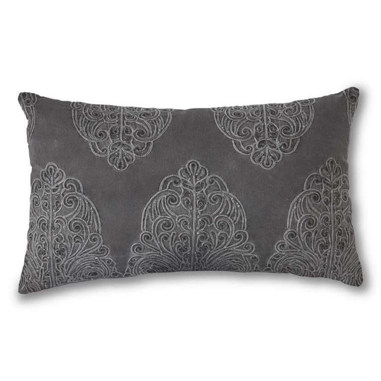 Rectangular Gray Cotton Pillow w/Embroidered Filigree
