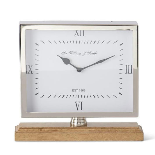 Silver Metal Table Clock on Spindle w/Wood Stand