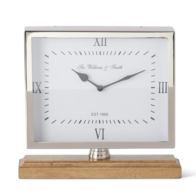 Silver Metal Table Clock on Spindle w/Wood Stand