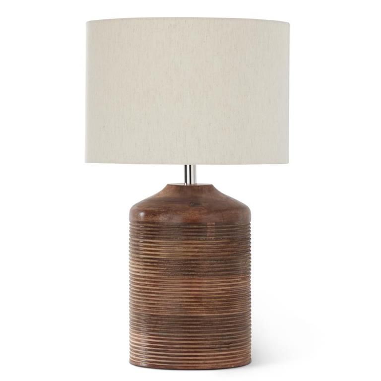 Grooved Dark Mango Barrel Lamp w/Cotton Shade
