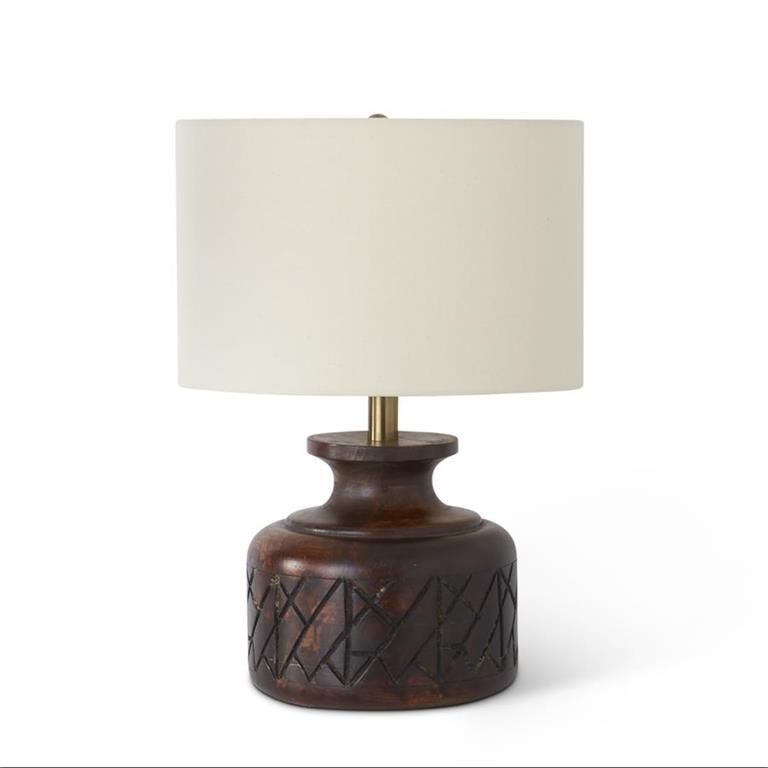 19.5" Carved Dark Mango Wood Lamp w/White Cotton Shade