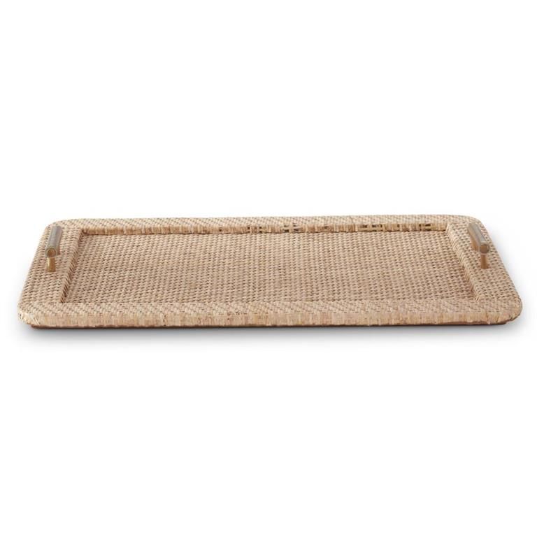 Rattan Wrapped Tray w/Brass Metal Handles and Leather Bottom