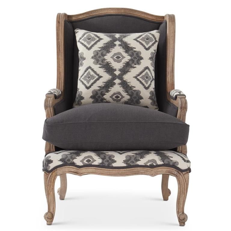 Black & Gray Pattern Mango Wood Wing Chair